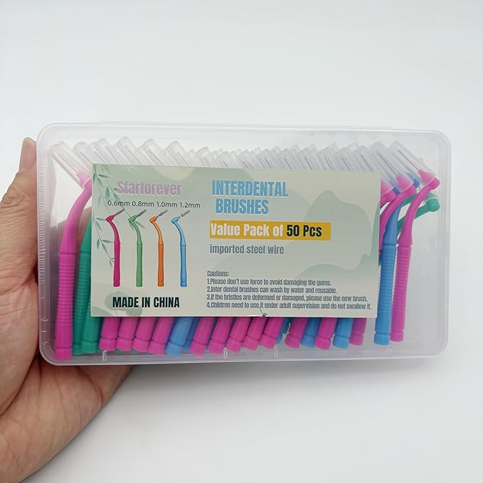 50 Pcs Interproximal Brush, Gum Interdental Brushes, L Angle Reusable Dental Cleaners Brushes,Disposable Oral Dental Hygiene Brush,Dental Toothpick Floss for Braces,Tooth Cleaning Tool (4 Multi-color)