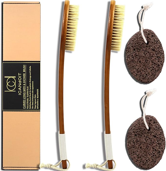 ICANdOIT-17.71Inch Natural Stiff Sisal Bristles Anti-Slip Long Handle Bath Brush,Bent Handle Shower Scrubber for Exfoliating,Shower Back Brush,Exfoliation Set with Pumice Stone(2 Pack)