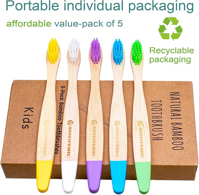 Kids Bamboo Toothbrushes 5 Pack, Children's Toothbrush Soft Bristles Eco Friendly Biodegradable Wooden Handle Tooth Brush