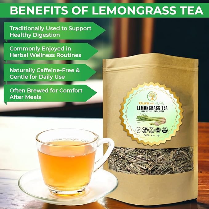 Cure wid Pure Organic Dried Lemongrass - Cut & Sifted 4oz in a Resealable Bag - Non-GMO Lemon Grass for Tea, Cooking, Thai Cuisine, Herbal Teas for Digestive Comfort, Citrus Aroma & Daily Use