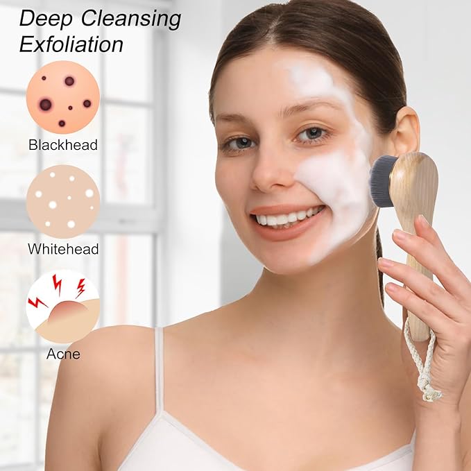 Face Scrubber with Wooden Handle, Manual Facial Cleansing Brushes for Deep Pore Cleansing, Soft Bamboo Charcoal Fiber Exfoliating Face Wash Brush and Silicone Lip Scrubber for Face Care, Black