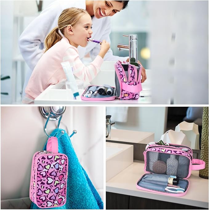Cheetah Kids Toiletry Bag for Girls, Travel Toiletry Bag for Little Young Girls Cosmetic Bag Makeup Bag Waterproof Hanging Wash Bag Toddler Toiletries, Pink Leopard