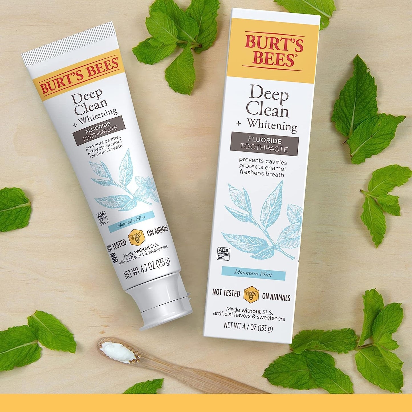 Burt's Bees Toothpaste, Natural Flavor, Fluoride Toothpaste Deep Clean + Whitening, Mountain Mint, 4.7 oz each , (Pack of 3)