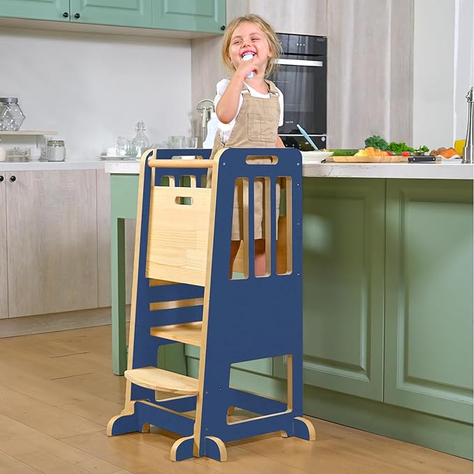 WINGYZ Toddler Kitchen Stool – Adjustable Helper Tower for Kids with Safety Rail, Wooden Standing Step-Up Stool, Sliding Door & Stable Base, Dark Blue