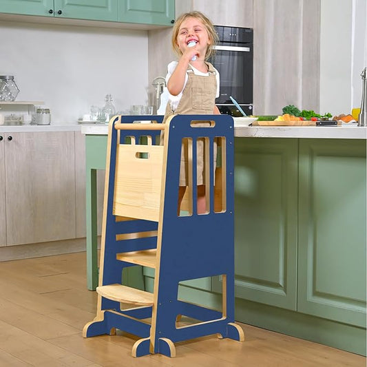 WINGYZ Toddler Kitchen Stool – Adjustable Helper Tower for Kids with Safety Rail, Wooden Standing Step-Up Stool, Sliding Door & Stable Base, Dark Blue