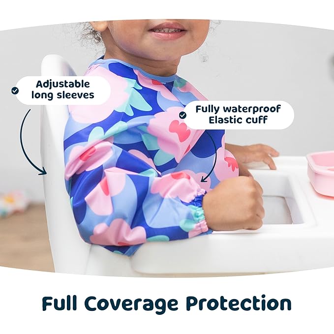 Tiny Twinkle Long Sleeve Bib for Babies & Toddlers – Waterproof Smock Bib for Eating – Machine Washable & Mess-Proof, Baby Feeding Essential & Shower Must-Have(Floral Blue, 2-4Y)