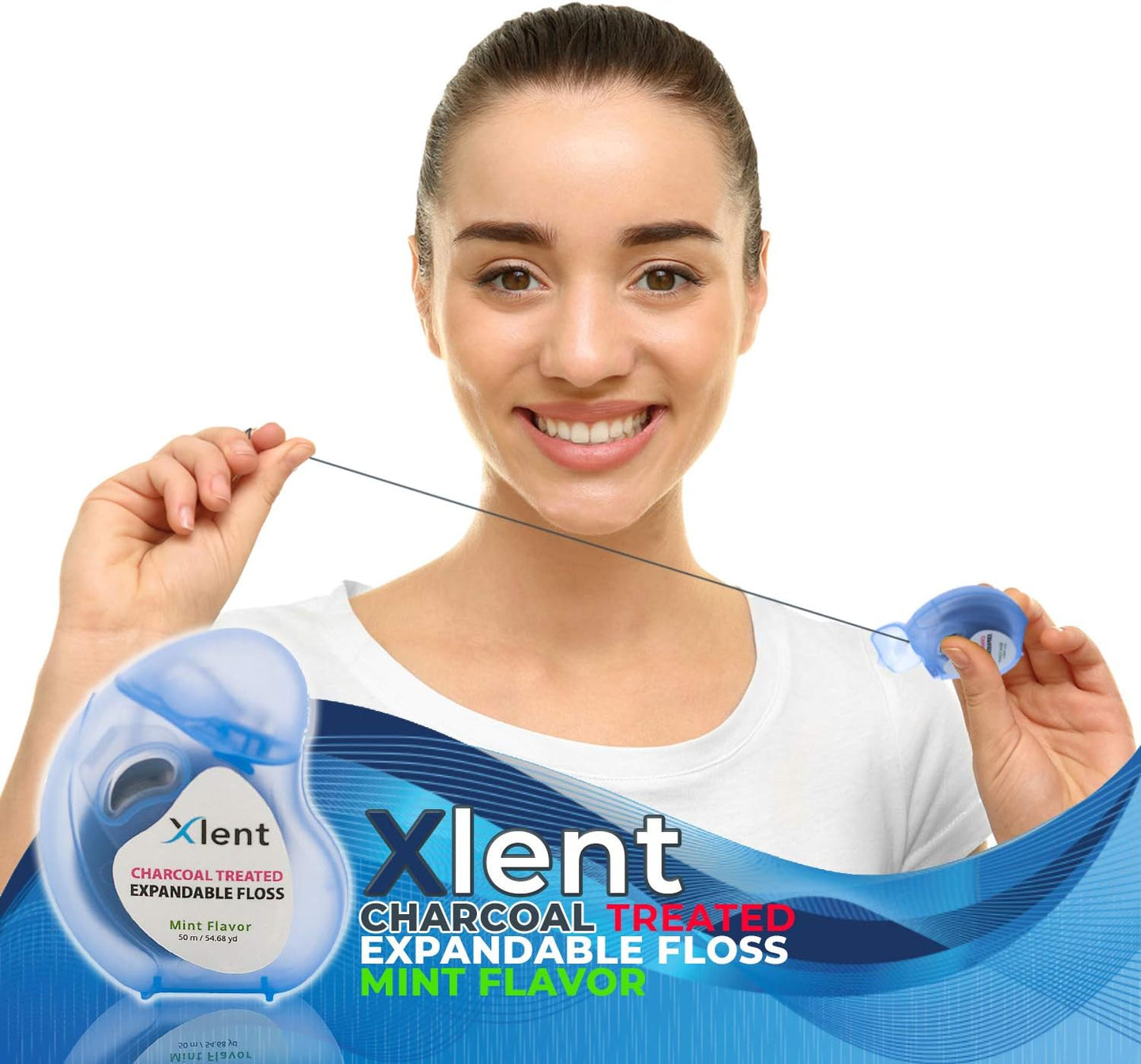 Expandable Floss Treated with Activated Charcoal with Xylitol and Natural Plant Based Wax |Fresh Mint Flavor | 50 Meter (6 Count)