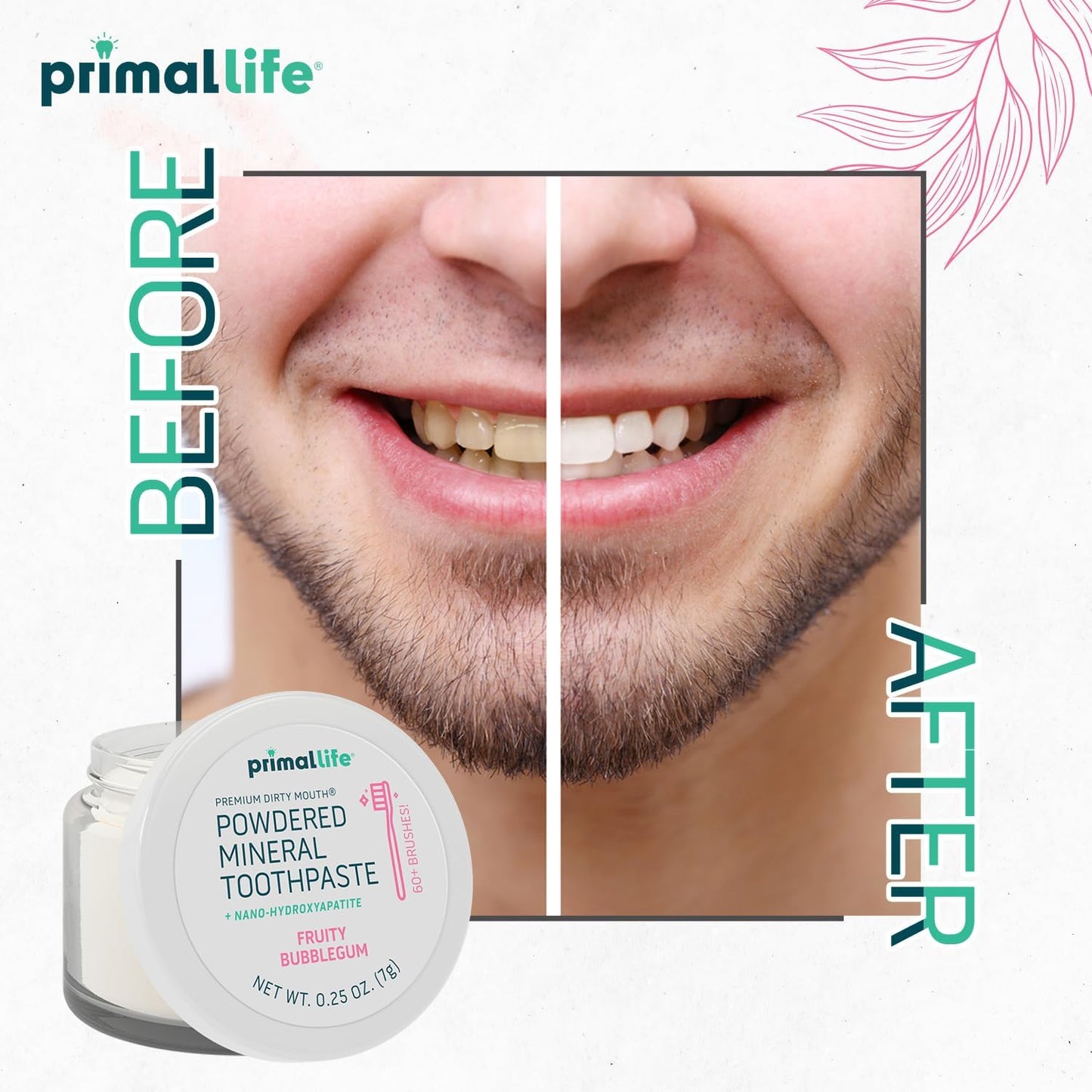 Primal Life Organics - Dirty Mouth Toothpowder, Tooth Cleaning Powder, Flavored Essential Oils with Natural Kaolin & Bentonite Clay, Good for 60+ Brushings, Organic, Vegan (Sweet Bubblegum, 0.25 oz)