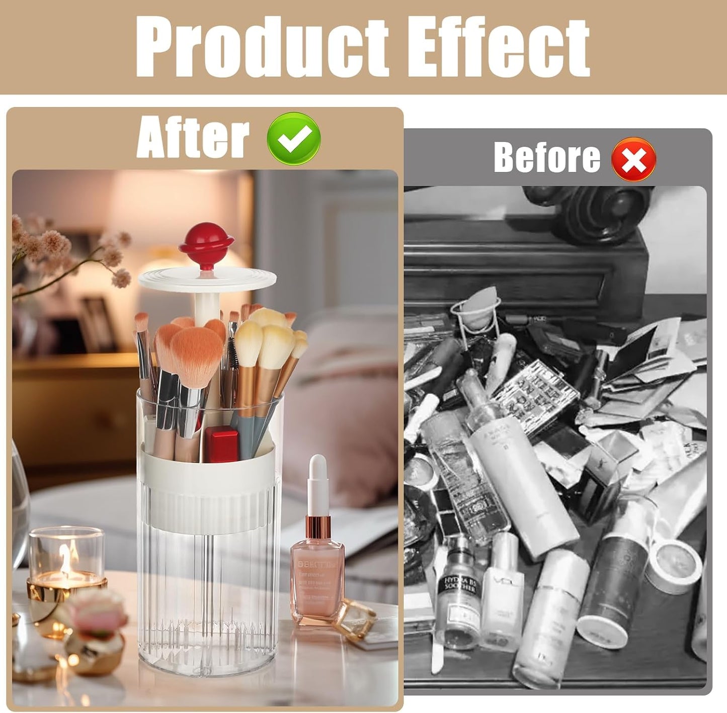 2 Pack Makeup Brush Holder with Lid Automatic Lifting Makeup Brush Organizer with Lid Dustproof & Waterproof 4-Compartment Clear Makeup Organizer for Vanity,Office,School,Dorm Room,Red+Silver