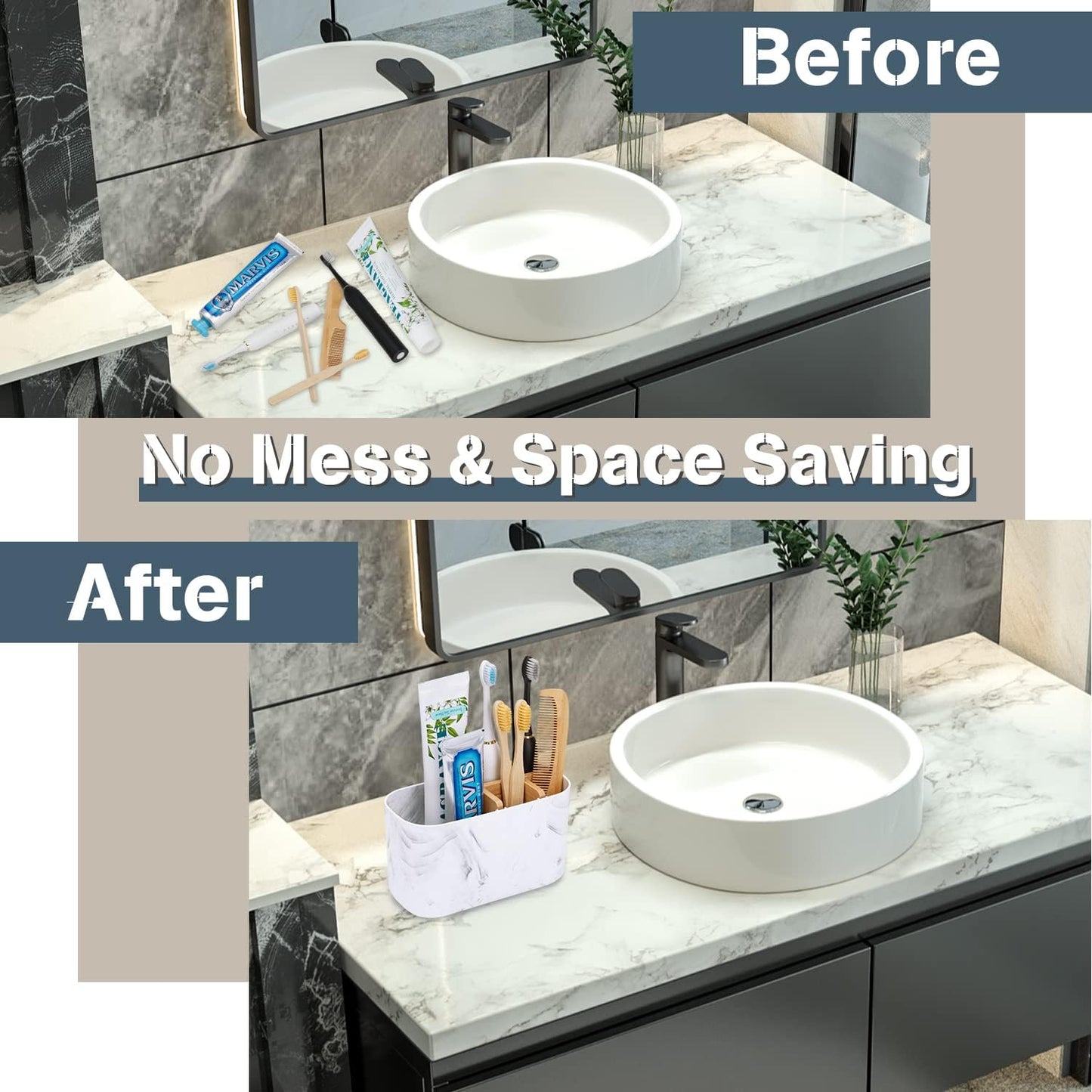 Toothbrush Holders for Bathrooms, 5 Slots Bamboo Toothbrush Holder Kids Electric Toothbrush Holder and Toothpaste Holder for Bathroom Countertop Accessories Storage, Marble Toothbrush Organizer