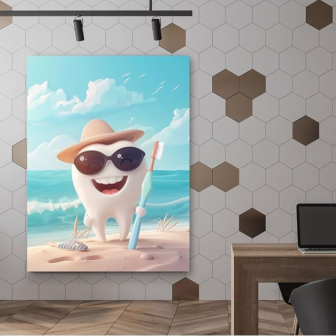 SchindlerBang Dental Clinic Wall Decor,Adorable Tooth Character Summer Art,Bright Decor for Offices,Kids' Spaces,or Clinics,Gift Idea,16x24inch Ready to Hang