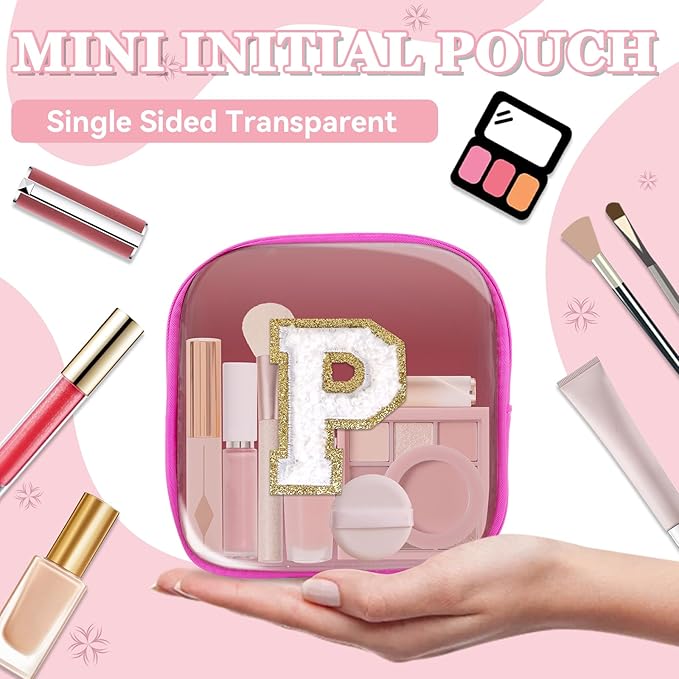 Mini Clear Personalized Initial Makeup Bag,Small Nylon Waterproof Zip Beach Cosmetic Pouch,Preppy A-Z Chenille Letter Patch Cute Coin Purse Travel Toiletry Bag Car Pack Bag for Women(Hot Pink-White P)