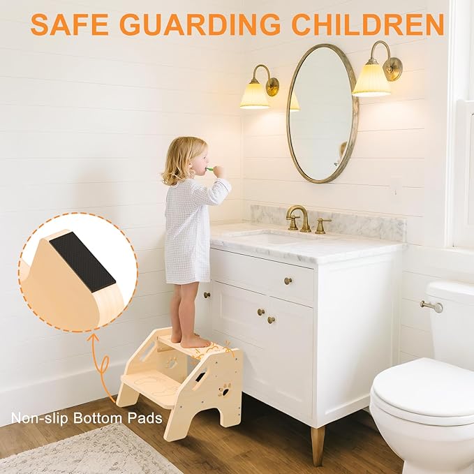 Toddler Step Stool Wooden 2 Step - Height Adjustable Bathroom Sink Helper with Non-Slip Rubber Feet and Cute Design - 300lbs Support Step Stool for Toddlers Kids Baby Use in Kitchen or Toilet