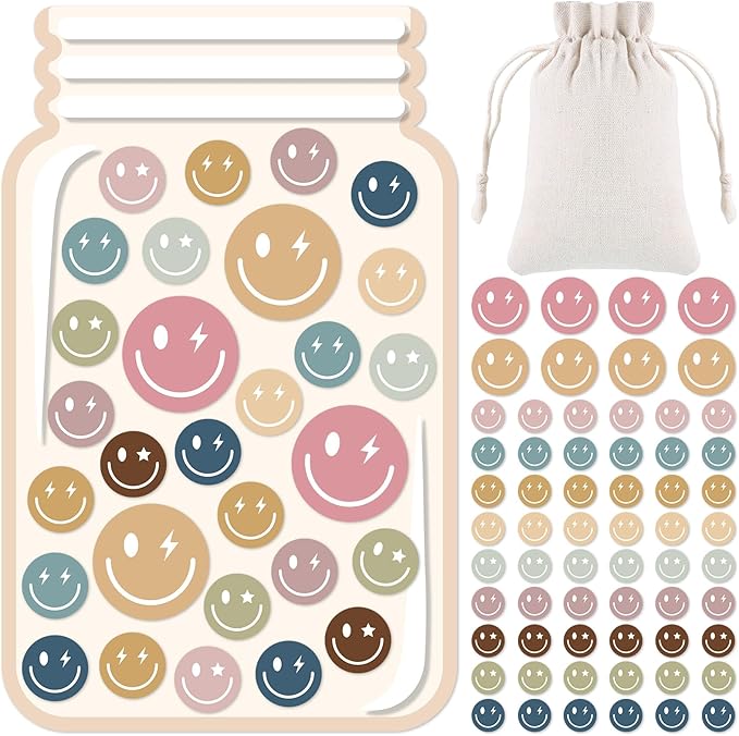 Magnetic Smile Face Reward Jar for Kids 68Pcs Boho Smiley Faces 1 Storage Bag Reward Jars Positive Behavior Chart Behavior Management Classroom Tools for Students Teachers Back to School Supplies