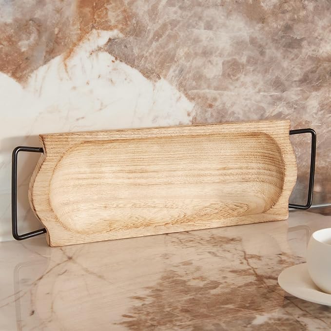 DN DECONATION Wooden Decorative Ottoman Tray with Handles, Rustic Rectangular Wood Tray for Coffee Table Bathroom, Candle Trays for Home & Living Room Decor Farmhouse Perfume Trinket Organizer