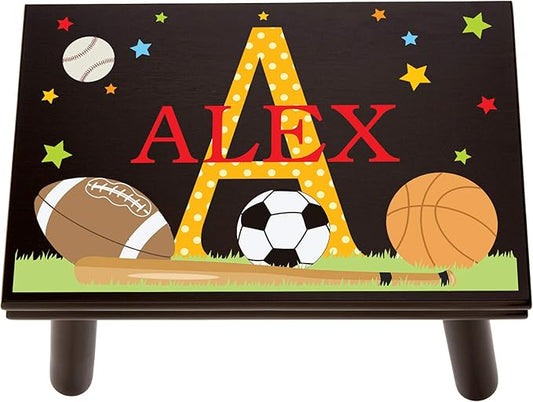 Let’s Make Memories Personalized My Own Name Step Stool - Children’s Step Stool - Sturdy Wood – Non-Toxic Paint, Sealer - Sports Design - Espresso - 14’Wx9.25”Lx8.75”H - Ages 3+