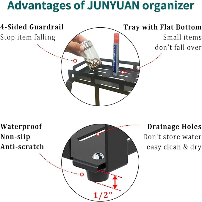 junyuan Bathroom Organizer Countertop,2 Tiered Tray Stand,Perfume Organizer Shelves with Toothbrush Holders,Bathroom Counter Storage Rack with Basket and Hooks Metal Black