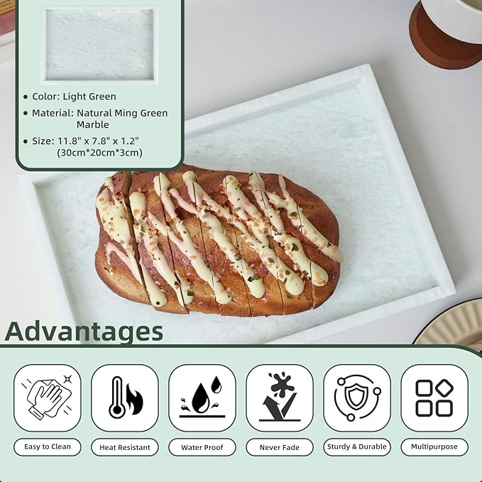 Yew & Tulip Natural Marble Vanity Tray, Luxury Stone with Light Green Textures Serving Tray for Bathroom, Kitchen, Vanity, Home Decor, Wedding etc. (12" x 8" x 1.2")