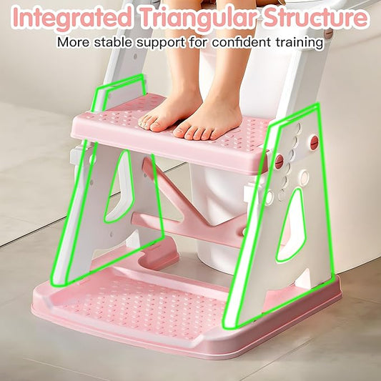 Potty Training Seat, 2 in 1 Potty Training Toilet with Step Stool for Boys Girls, Toddler Toilet Seat with Stabilizer Bar, Anti-Slip Pads and Splash Guard, Pink