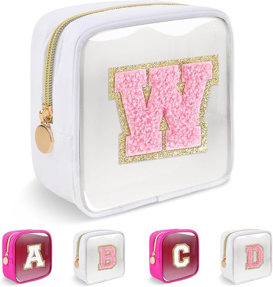 Personalized Initial Letter Clear Preppy Makeup Bag,Mini Nylon Chenille Letter Cosmetic Bag Cute Zipper Pouch Purse for Teen Girls,Portable TSA Approved Beach Travel Essentials Bag Gift for Women,W