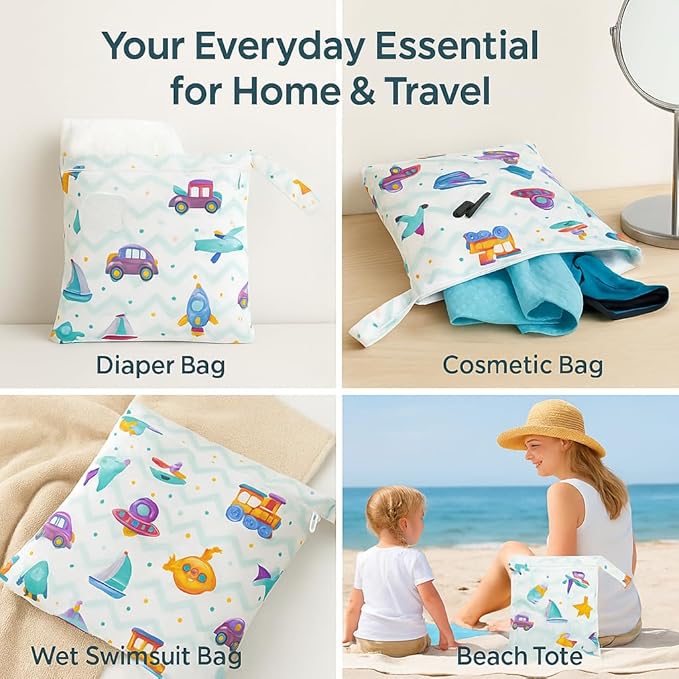 Waterproof Wet Dry Bag, Reusable Diaper Pouch with Zipper, Machine Washable Travel Organizer for Beach, Daycare, Kids, Dinosaur Pattern (Purple UFO)