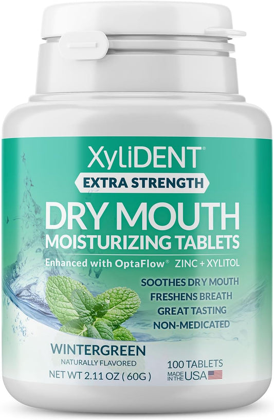 Extra Strength Xylitol Tablets for Dry Mouth Relief - Stimulates Saliva, Freshens Breath, Reduces Acid Production, Fast Acting Relief, 100 Count (Wintergreen)