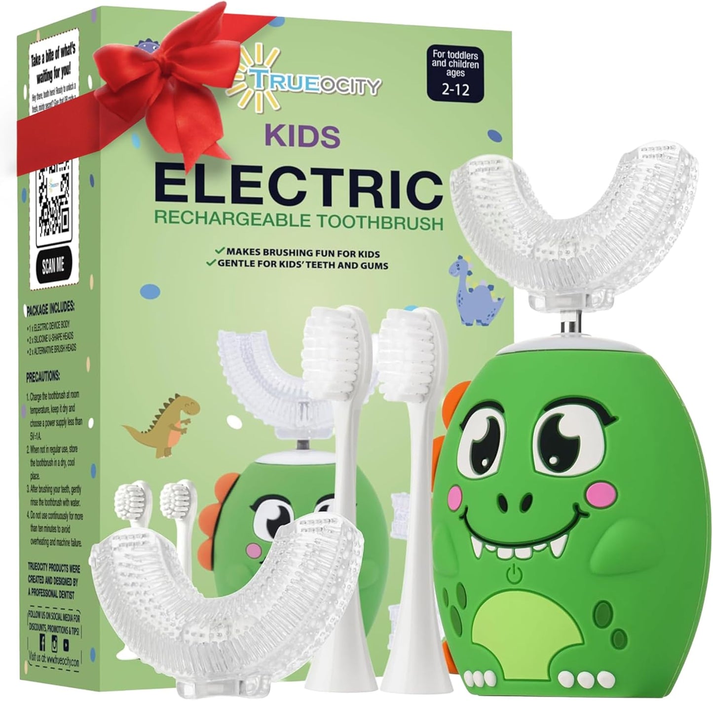 Trueocity Kids U Shape Toothbrush Auto Electric Toddler Rechargeable Kids Automatic Toothbrush | 360° U-Shaped Silicone Brush Head | Gentle Cleaning for Ages 2–7 | Dinosaur Design (Green)