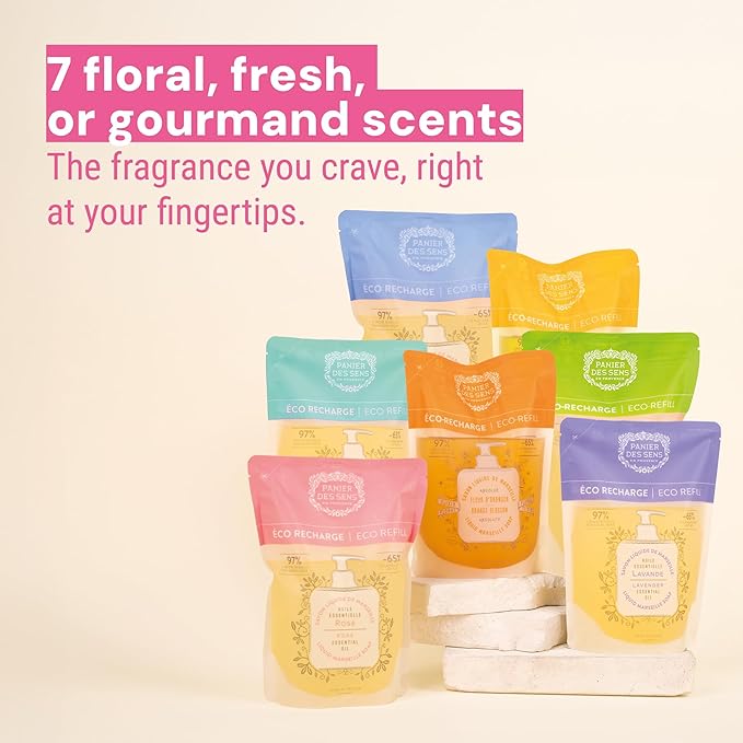 Panier des Sens Liquid Hand Soap Refills - Rose Floral Fragrance - Foaming Moisturizing Hand Soap - French Traditional Savon de Marseille for Kitchen & Bathroom - 34.4 Fl.oz Hand Wash 97% Natural