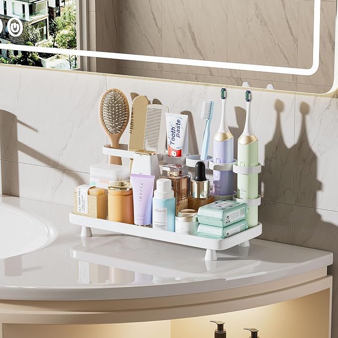 Electric Toothbrush Holder for Bathroom Countertop 5 Metal Slots Toothpaste Razor Mouthwash Organizer, White