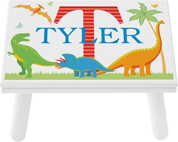 Let’s Make Memories Personalized My Own Name Step Stool - Children’s Step Stool - Sturdy Wood – Non-Toxic Paint, Sealer - Dinosaur Design - White - 14’Wx9.25”Lx8.75”H - Ages 3+