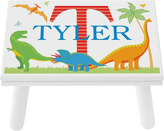 Let’s Make Memories Personalized My Own Name Step Stool - Children’s Step Stool - Sturdy Wood – Non-Toxic Paint, Sealer - Dinosaur Design - White - 14’Wx9.25”Lx8.75”H - Ages 3+