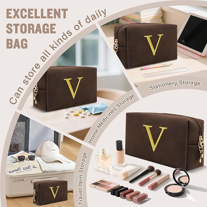 Personalized Initial Makeup Bag,Preppy Suede Cosmetic Bag for Teen Girls,Small Monogram Travel Toiletry Bag With Gold Embroidered Letter,Trendy Stuff Custom Christmas Gift for Women(Coffee-V)