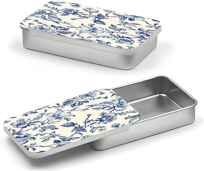 Portable Dental Floss Case, Refillable Cute Travel Floss Dispenser for Men & Women, Pocket Travel Floss Picks Case for Purse, Backpack, Bag Blue Vintage Floral