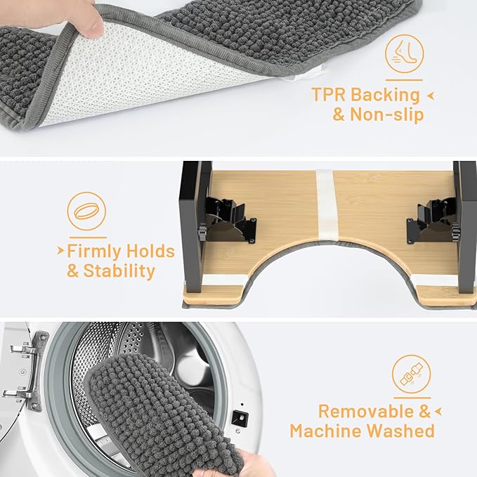 Bamboo Toilet Stool Foldable, 7 in, 8 in Or 9 in Adjustable Heights Squat Stool Potty for Adults Kids,Poop Step Stool with Extra Soft Microfiber Rug, Improve Bathroom Posture and Comfort