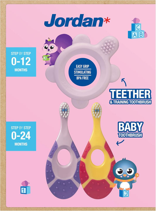 Jordan ® | Step 0 Teether & Training Toothbrush | BPA-Free, Hygienic, 2-in-1 Teething & Early Brushing Solution for Babies | Pink | 1 Teether + 2 Step 1 Baby Toothbrush