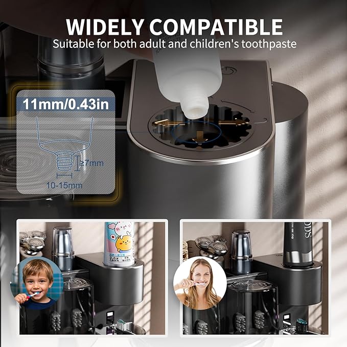 Automatic Toothpaste Dispenser Wall Mounted: 2 Cups Toothbrush Holders Black Electric 6 Adjustable Levels Auto Toothpaste Squeezer Smart Rechargeable Touchless for Kids Adults - Bathroom