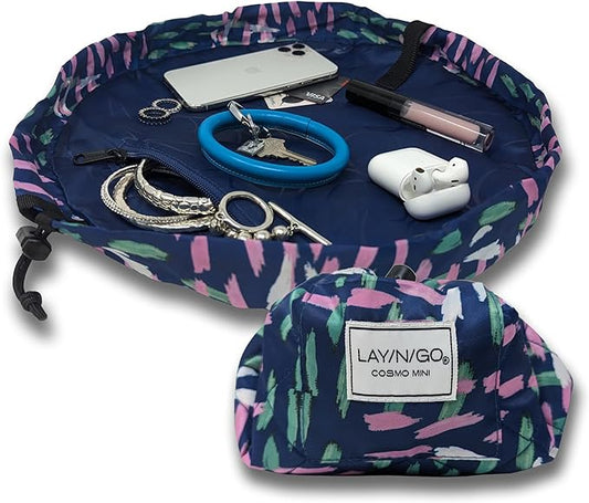 Lay-n-Go Cosmo Layflat Drawstring Cosmetic & Makeup Bag Organizer - Portable Drawstring Makeup Bag w/Zipper Pocket & More - Durable, Machine Washable Toiletry Bag for Travel (16", Crossmark)