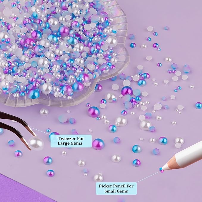 2 Boxes Flat Back Pearls Kit 14 Flatback White&Blue Mermaid Half Round Pearls 2-8mm with Pickup Pencil and Tweezer for Home DIY and Nail Art, Face Makeup and Craft