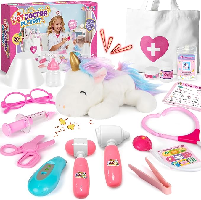 Alritz Unicorn Doctor Kit for Girls - Pretend Play Toys with Stethoscope, Carrying Bag, Vet Costume, Kids Doctors Play Set for Ages 3 4 5 +, Birthday Ideas