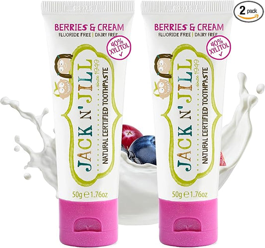 Jack N' Jill Natural Toddler Toothpaste - Fluoride Free Training Toothpaste for Toddlers 1-3, 40% Xylitol, BPA Free - Berries N' Cream, 1.76 oz (Pack of 2)