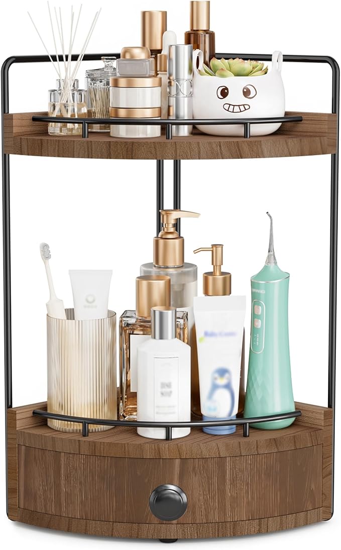 2-Tier Corner Bathroom Counter Organizer with Drawer & Embedded Screw Holes - Wooden Countertop Organizers for Skincare, Makeup Storage, Bathroom Sink Counter Shelf for Vanity, Dark Brown