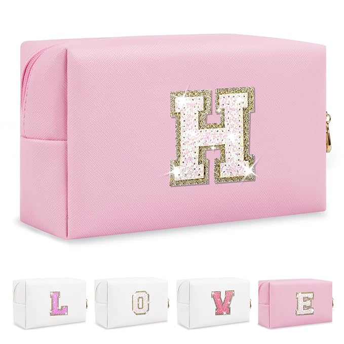 Small Personalized Initial A-Z Patch Makeup Bag,Pink Cute PU Leather Glitter Letter Cosmetic Bag for Teen Girls,Travel Toiletry Bag with Zipper,Preppy Monogrammed Birthday Gift for Daughter Niece H