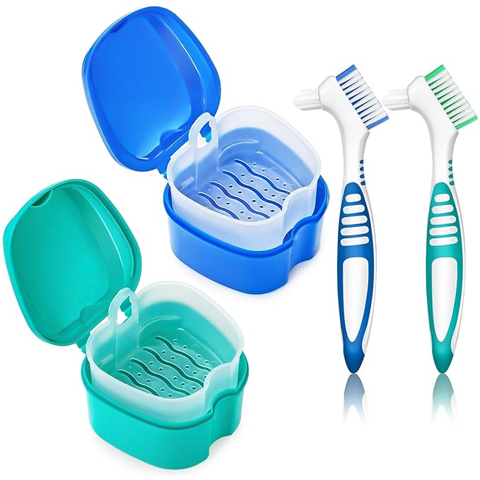 2 Pack Denture Bath Case Cup with Lid and Strainer Basket, Retainer Cleaner Case Dental False Teeth Container with 2 Travel Brushes, Lake Green and Dark Blue
