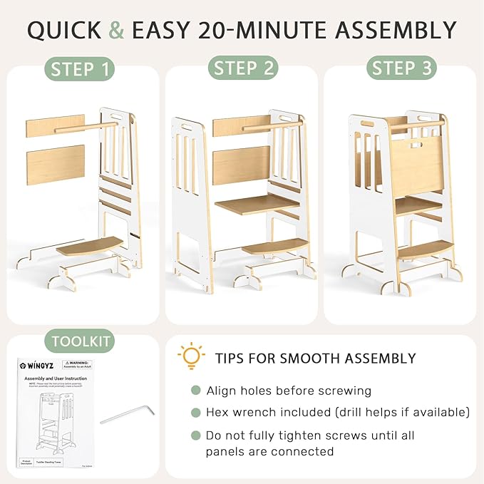 WINGYZ Toddler Kitchen Stool – Adjustable Helper Tower for Kids with Safety Rail, Wooden Standing Step-Up Stool, Sliding Door & Stable Base, White