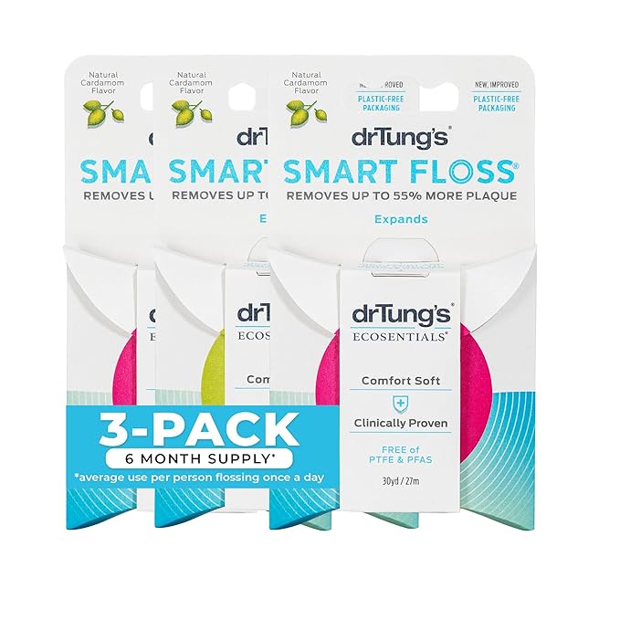 DrTung's Smart Floss - Natural, PTFE & PFAS Free Floss, Gentle on Gums, Expands & Stretches, BPA Free Floss - Natural Dental Floss Cardamom Flavor (Pack of 3)