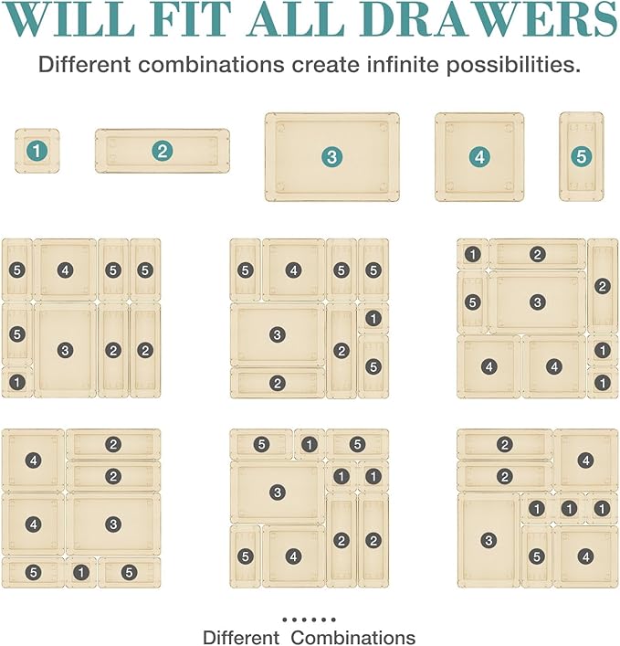 23 PCS Drawer Organizer Set, 5 Varied Size Bathroom and kitchen Drawer cabinet organizer Trays, Clear Storage Bins for Makeup, Jewelry, Utensils and Gadgets, Champagne