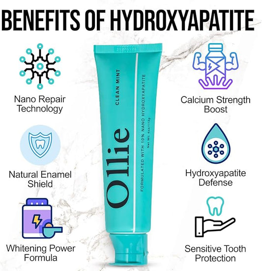 Ollie Clean Mint Nano Hydroxyapatite Toothpaste for Teeth Whitening, 10% Hydroxyapatite Formula, 4oz