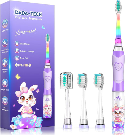 Kids Electric Toothbrush with Timer Toddler Toothbrush Age 2-4-8-12 Girls Electric Toothbrush Rainbow LED Light Up Vibrating Toothbrush Battery Operated Childrens Sonic Tooth Brush (Rabbit Purple)