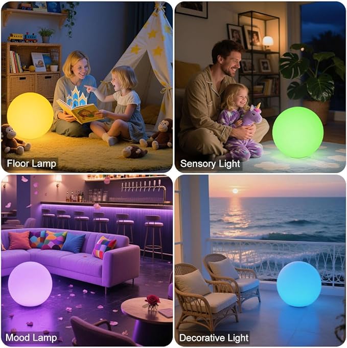 14-in LED Ball Light, Rechargeable Outdoor Globes Light Dimmable RGB Color Changing Globe Floor Lamp w/Remote, Modern Versatile LED Globe Orb Lights Waterproof Glowing Orb Lamp for Home Yard Lawn Path