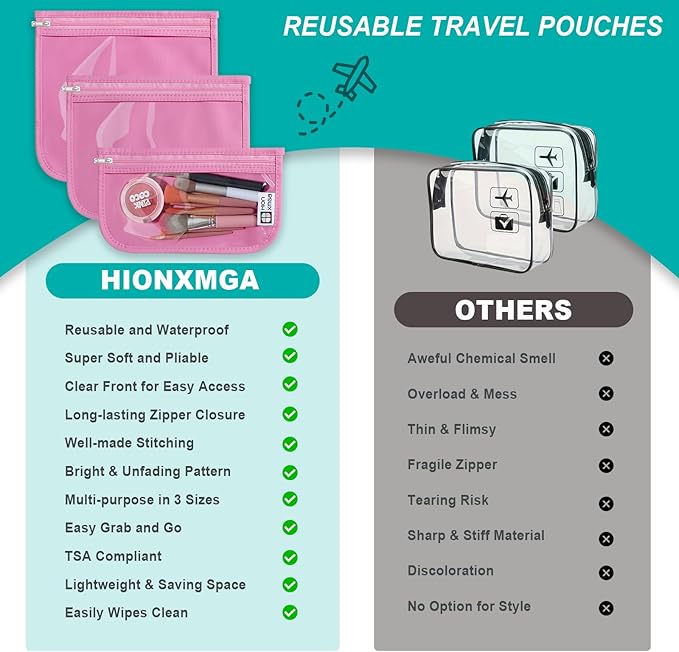 TSA Approved Toiletry Bag, Set of 3 Clear Travel Toiletry Bag Quart Size Zipper Travel Pouch, Waterproof Makeup Cosmetic Bag for Women Men Kids Toiletries Carry on, Pink